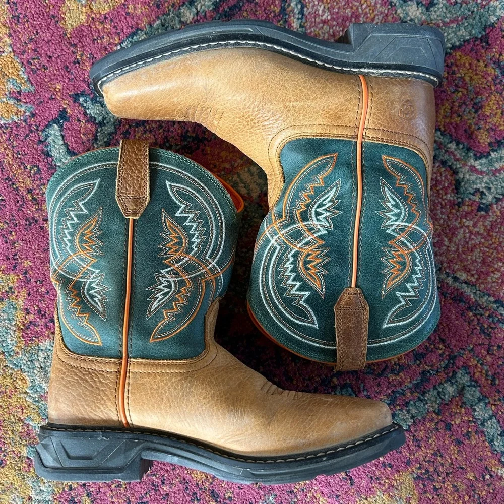 Ariat | Kids Brown Leather Orange/Green Design WorkHog XT Coil Western Boot 3.5